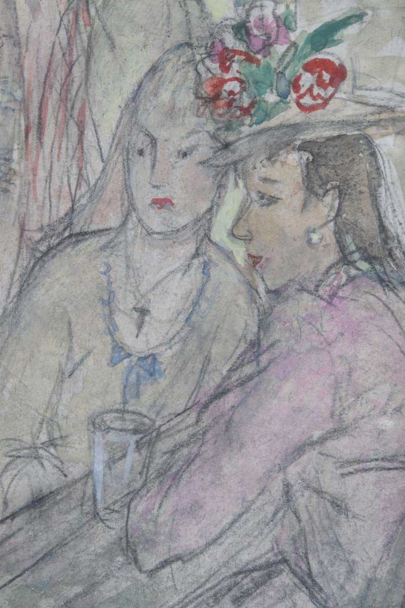 Ethel MARS "Scène de café" aquarelle gouachée 38x30-photo-1